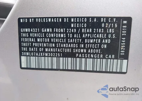 2015 Volkswagen Jetta 1.8T Sel из США, поврежденный, VIN 3VWL07AJXFM302251